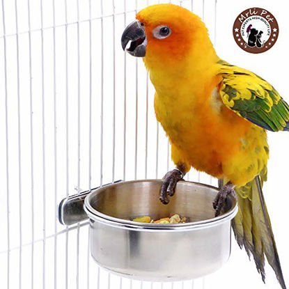 Picture of Mrli Pet Bird Parrot Feeding Cups with Clamp Holder Stainless Steel Coop Cup Food Water Bowls Dish Feeder for Cockatiel Conure Parakeet Chinchilla Hummingbird