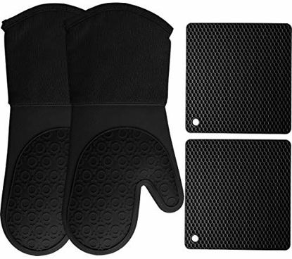 Picture of HOMWE Silicone Oven Mitts and Pot Holders, 4-Piece Set, Heavy Duty Cooking Gloves, Kitchen Counter Safe Trivet Mats, Advanced Heat Resistance, Non-Slip Textured Grip (Black)