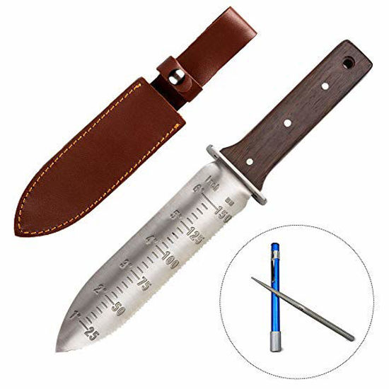 Picture of 12" Hori Hori Garden Knife with FREE Diamond Sharpening Rod, Stainless Steel Blade with Protective Handguard and Full Tang Handle, Comes with Thick Sheath and Gift Box
