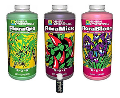 Picture of General Hydroponics GLCMBX0003 FloraGro, FloraBloom, FloraMicro Set + 1oz Rapidstart, 1 Quart Combo Pack Fertilizer