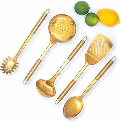 Picture of STYLED SETTINGS Gold/Brass Cooking Utensils for Modern Cooking and Serving, Kitchen Utensils -Stainless Steel Cooking Utensils 5 PCS-Gold Serving Spoon, Gold Soup Ladle, Pasta Serving 