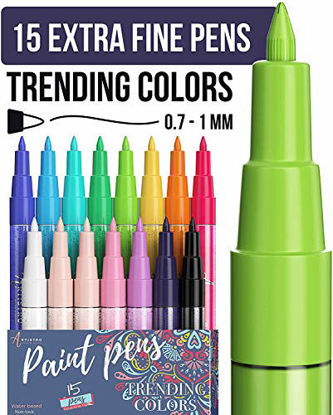 Picture of Paint Pens for Rock Painting, Stone, Pebbles, Ceramic, Glass, Wood. Set of 15 Acrylic Paint Markers Extra-Fine Tip 0.7mm