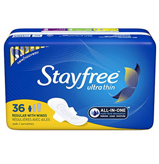 Picture of Stayfree Ultra Thin Regular Pads with Wings For Women, Reliable Protection and Absorbency of Feminine Moisture, Leaks and Periods, 36 count - Pack of 4