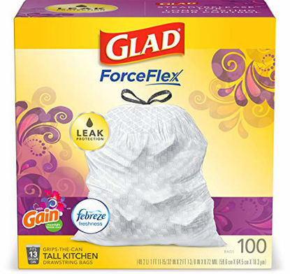 Picture of Glad ForceFlex Tall Kitchen Drawstring Trash Bags 13 Gallon White Trash Bag, Gain Moonlight Breeze scent with Febreze Freshness 100 Count (Package May Vary)