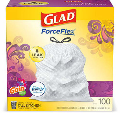 Picture of Glad ForceFlex Tall Kitchen Drawstring Trash Bags 13 Gallon White Trash Bag, Gain Moonlight Breeze scent with Febreze Freshness 100 Count (Package May Vary)