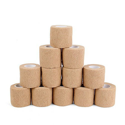 Picture of 12 Bulk Pack Cohesive Tape, Self Adherent Wrap 2 Inches X 5 Yards - Self Adhesive Bandage Medical Vet Wrap for First Aid, Sports Protection and Wrist, Ankle Sprains & Swelling