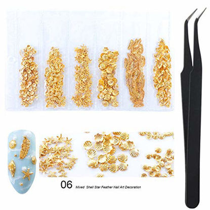 Picture of WOKOTO Gold Nail Studs Rivet 3d Nail Art Decorations Kit With Tweezers Mix Shapes Shell Starfish Conch Sea Horse Nail Art Alloy Gems Decorations