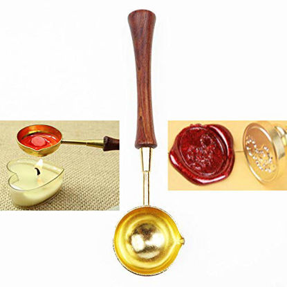 Picture of MNYR Vintage Elegant Wooden Handle Copper Wax Sealing Stamp Melting Spoon Gold Finish for Wax Seal Stamp Melting Spoon Lead Ladle Wedding Invitations Mass Making Wax Seal Gift Envelope Seal Spoon