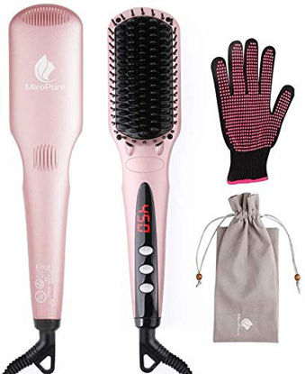 Picture of Enhanced Hair Straightener Heat Brush by MiroPure, 2-in-1 Ceramic Ionic Straightening Brush, Hot Comb with Anti-Scald Feature, Auto Temperature Lock & Auto-Off Function (Pink)