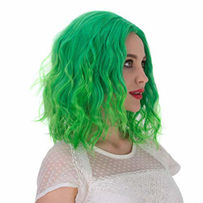 Picture of Alacos Fashion 35cm Short Curly Full Head Wig Heat Resistant Daily Dress Carnival Party Masquerade Anime Cosplay Wig +Wig Cap (Bright Green Ombre)