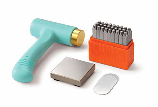 Picture of ImpressArt Metal Stamping Kit for Jewelry Making - Basic Uppercase Alphabet (3MM) Metal Stamps Set, Ergo-Angle Hammer, Steel Bench Block, Stamping Blanks
