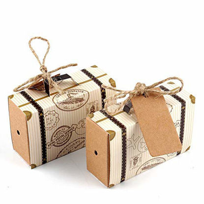 Picture of AerWo 50pcs Travel Themed Suitcase Favor Boxes + 50pcs Tags, Vintage Kraft Favor Box Candy Gift Bag for Travel Theme Party Wedding Birthday Bridal Shower