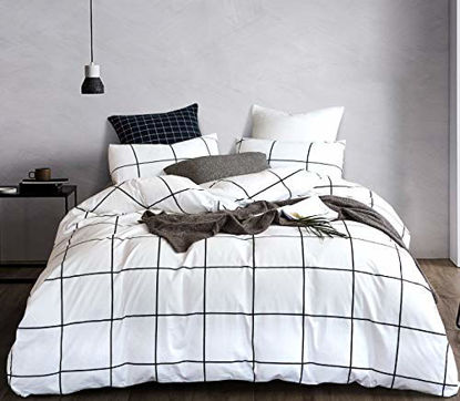 Picture of karever White Plaid Duvet Cover Set Grid Checkered Bedding Set White and Black Grid 100% Cotton Queen 3 PCS 1 Comforter Cover with 2 Pillow Shams