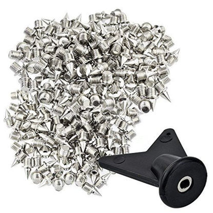 Picture of Wobe 200 Pcs 1/4 Inch Stainless Steel Spikes with 1 Pcs Spike Wrench, 0.25" Length Track and Cross Country Spikes Shoe Replacement Spikes for Sprint Sports Short Running Shoes Silver Color