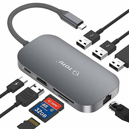 Picture of TOTU USB C Hub,9-In-1 Type C Hub with Ethernet Port, 4K USB C to HDMI, 2 USB 3.0 Ports, 1 USB 2.0 Port, SD/TF Card Reader, USB-C Power Delivery, Portable for Mac Pro and Other Type C Laptops (Silver)