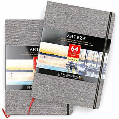 Picture of Arteza 8.3x11.7 Inch Watercolor Book, Pack of 2, 64 Pages per Pad, 110lb/230 GSM, Linen Bound with Bookmark Ribbon and Elastic Strap, Art Supplies for Watercolor Techniques and Mixed Media
