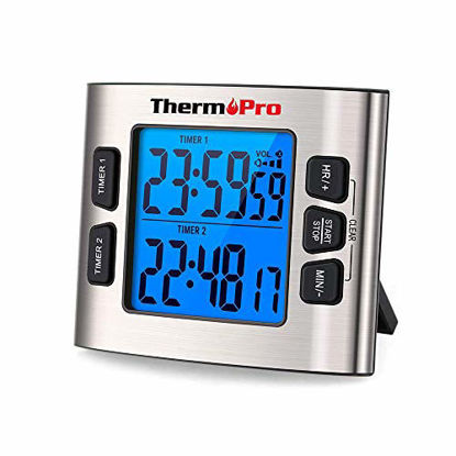 Picture of ThermoPro TM02 Digital Kitchen Timer with Dual Countdown Stop Watches Timer/Magnetic Timer Clock with Adjustable Loud Alarm and Backlight LCD Big Digits/ 24 Hour Digital Timer for Kids Teachers