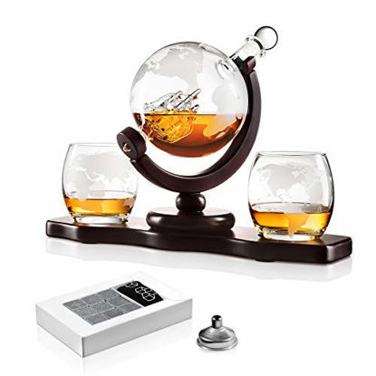Picture of Chefoh Glass Globe Decanter Set w/Whiskey Glasses, Reusable Steel Ice Cubes, Cherry Wood Stand, Tongs, Pour Funnel | Liquor, Wine, Scotch | Vintage Home, Dining, Bar Decor