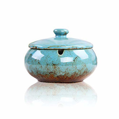 Picture of Lependor Ceramic Ashtray with Lids, Windproof, Cigarette Ashtray for Indoor or Outdoor UseAsh Holder for Smokers,Desktop Smoking Ash Tray for Home Office Decoration - Blue