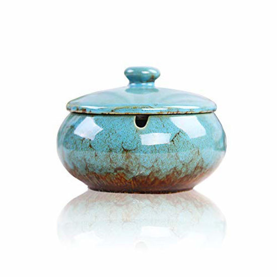 Picture of Lependor Ceramic Ashtray with Lids, Windproof, Cigarette Ashtray for Indoor or Outdoor UseAsh Holder for Smokers,Desktop Smoking Ash Tray for Home Office Decoration - Blue