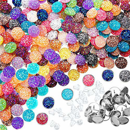 Picture of 200 Pieces 20 Colors Druzy Resin Cabochons Faux Druzy Cabochons Flat Back Dome Cabochons with 20 Pieces Stainless Steel Stud Earring for Jewelry Making, DIY Craft (Silver Stud Earring, 12 mm)