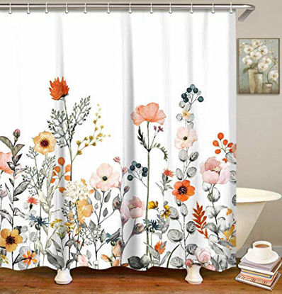 Picture of LIVILAN Fabric Floral Shower Curtain Set with 12 Hooks Watercolor Decorative Bath Curtain Modern Bathroom Accessories, Machine Washable, Multi-Color Botanical Flowers and Leaves, 72" X 72"