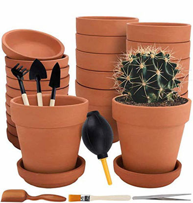Picture of Nilos 12 Pack Terra Cotta Pots with Saucer - 12Pcs 3 inches Clay Pots with 7Pcs Succulent Tools Mini Flower Pot Planters for Succulent Display, Indoor, Outdoor