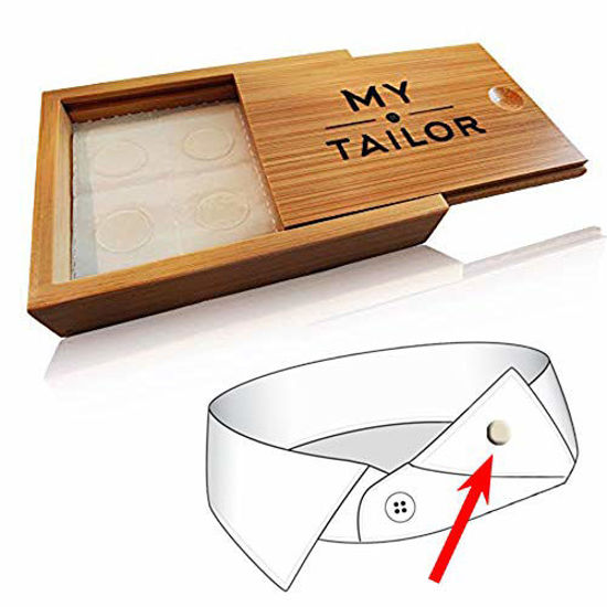 Picture of Collar Stay Stickers for Men & Women - Double Sided Fashion Tape - Shirt, Tie & Belt Anchor - Shirt Button Repair - With Magnetic Luxury Bamboo Storage Box (66 Pack)