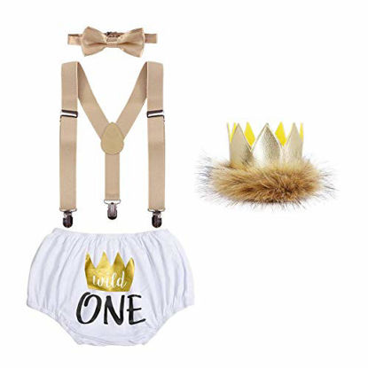 Picture of Baby Boy First Birthday Cake Smash Outfit Wild One Lion Costume Photo Props Y-back Suspender Diaper Cover Shorts Pants Bow Tie King Crown 4pcs Clothes Set Baby Shower Gift White 12-18 Months