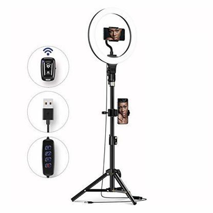 Picture of Meifigno 10" Ring Light with Tripod Stand [Dual Phone Holders][3 Light Modes][10 Levels], 10 Inch LED Selfie Ring Light for Video Conference & Live Stream, Compatible with iPhone, Samsung, Pixel Etc