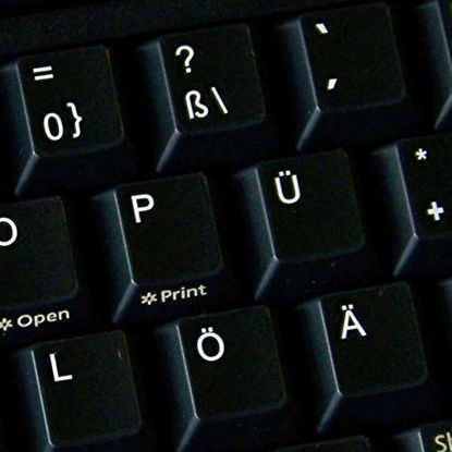 Picture of German Non-Transparent Keyboard Stickers ON Black Background for Desktop, Laptop and Notebook