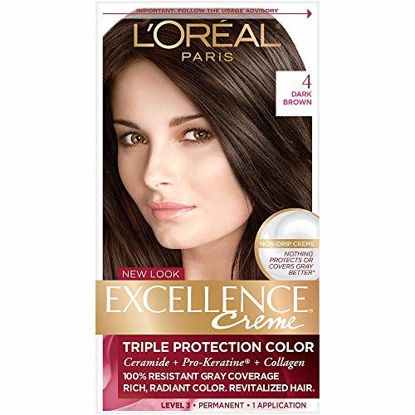 Picture of L'Oreal Paris Excellence Creme Permanent Hair Color, 4 Dark Brown, 100 percent Gray Coverage Hair Dye, Pack of 1