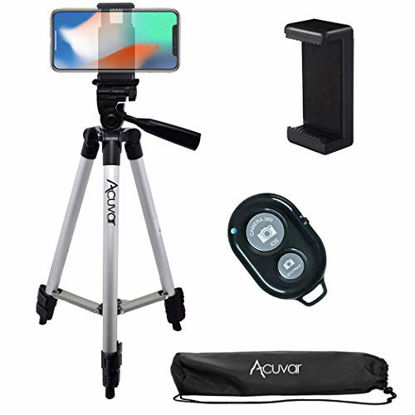 Picture of Acuvar 50" Inch Aluminum Camera Tripod, Universal Smartphone Mount + Wireless Remote Control Camera Shutter for iPhone 12, iPhone 11 Pro Max, 11 Pro, Xs, Xr, X, SE 2 Pixel 3, Android S20 S10 Note 10