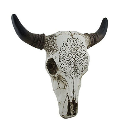 Picture of Zeckos Tribal Design Carved White Bull Skull Wall Hanging