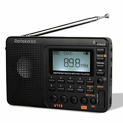 Picture of Retekess V115 Shortwave Radio, AM FM Radio Digital Tuner, Rechargeable Radio Support Recording, Portable MP3 Radio with Bass and TF Socket (Black)