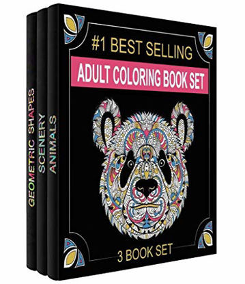 Picture of Adult Coloring Books Set - 3 Coloring Books For Grownups - 120 Unique Animals, Scenery & Mandalas Designs. Coloring books for adults relaxation.