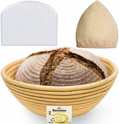 Picture of 9 Inch Bread Banneton Proofing Basket - Baking Bowl Dough Gifts for Bakers Proving Baskets for Sourdough Lame Bread Slashing Scraper Tool Starter Jar Proofing Box