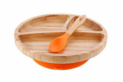 Picture of Avanchy Bamboo Suction Toddler Divider Plate & Spoon - 9 Months and Older - Silicon Suction - Stay Put Plate - 8.5" x 2.5" (Orange)