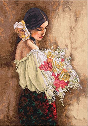 Picture of Dimensions Advanced Counted Cross Stitch Kit, Woman with Bouquet, 18 Count Beige Aida, 11'' x 15''