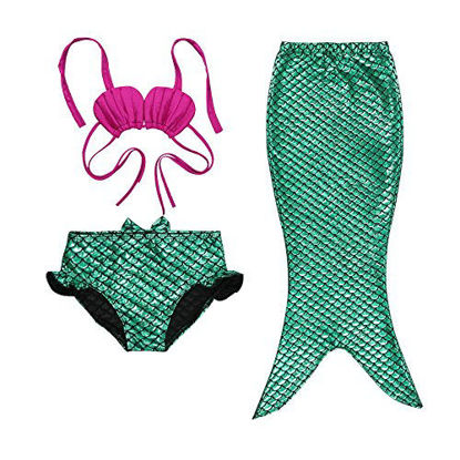 Picture of Little Girls Three Pieces Shell Top Bowknot Shorts Mermaid Tail Swimsuit (130(6-7Y), Green+Purple)