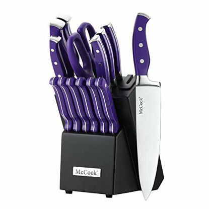 Picture of McCook MC27 14 Pieces Stainless Steel kitchen knife set with Wooden Block, Kitchen Scissors and Built-in Sharpener, Purple