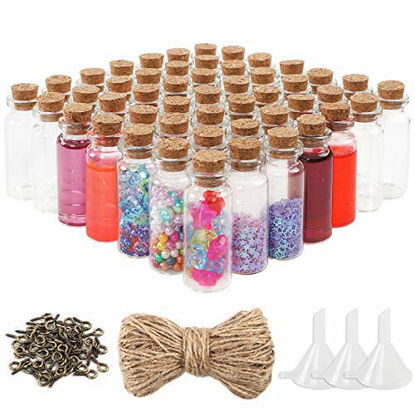Picture of OUTUXED 60pcs 10ml Mini Glass Cork Bottles with Cork Stoppers Wish Bottles, 60pcs Eye Screws, 30 Meters Twine and 3pcs Funne