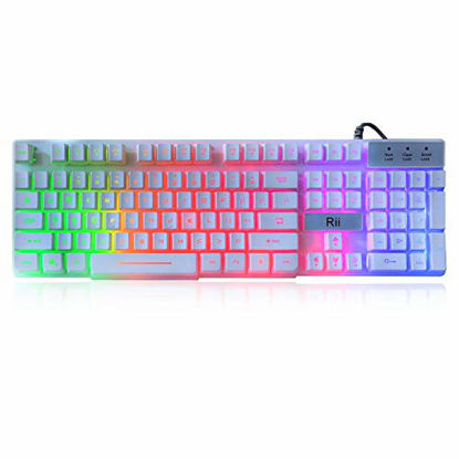 Picture of Rii RK100+ White Gaming Keyboard,USB Wired Multiple Colors Rainbow LED Backlit Large Size Mechanical Feeling Ultra-Slim Multimedia Office Keyboard Non-Slip for Primer Gaming and Working,Office Device