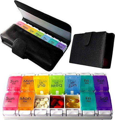 Picture of Zzteck Pill Organizer 2 Times a Day Weekly Extra Large AM PM Medicine Case 7 Day Travel Pills Box Daily Vitamin Container Fish Oil Holder -PU Leather Case to Protect Light Deterioration Fits in Purse