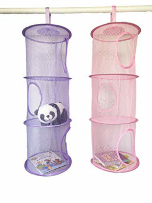 Picture of Goldenvalueable Hanging Mesh Space Saver Bags Organizer 3 Compartments Toy Storage Basket for Kids Room organization mesh hanging bag 2 Pcs Set, Pink and Purple