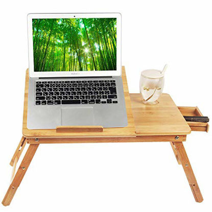 Picture of Laptop Desk Tray, Breakfast Serving Bed Tray, Computer, Notebook Holder & Stand, Adjustable & Foldable with Flip Top and Drawers, 100% Bamboo