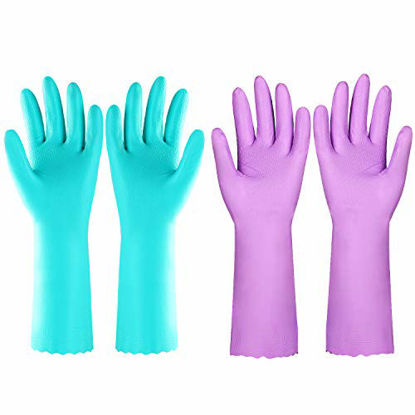 Picture of Reusable Dishwashing Cleaning Gloves with Latex free, Cotton lining ,Kitchen Gloves 2 Pairs (Purple+Blue, Medium)