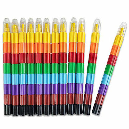 Picture of Huji Stacking Buildable 8 Colors Crayons Set, Connect Stack and Build Crayons Sideways and Up, Favorite Toys Little Ones Party Favors Safe Non-Toxic, Easy to Hold (12)