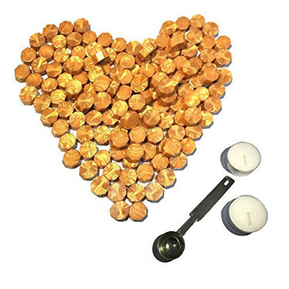Picture of Gold Sealing Wax Beads, [Other Colors Also Available], Botokon 150 Pieces Octagon Wax Seal Beads Kit with a Wax Melting Spoon and 2 Pieces Candles for Wax Seal Stamp (Gold)