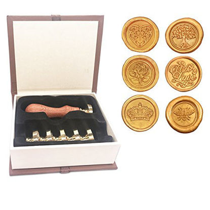 Picture of Botokon Wax Seal Stamp Set, 6 Pieces Sealing Wax Stamps Copper Seals + 1 Wooden Hilt, Vintage Retro Classical Initial Wax Stamp Kit for Cards Envelopes, Invitations, Wine Packages